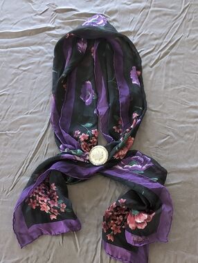 bill blass Black Purple Floral Silk Scarf